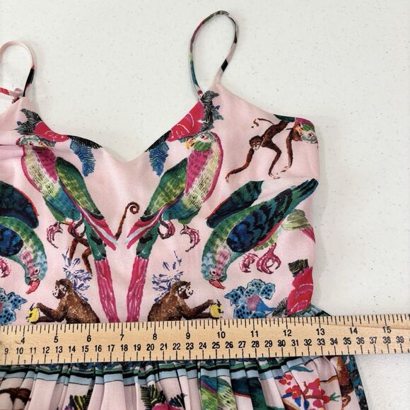 H&M Pink Pleated Jungle Print Midi Dress 6 Strappy Lace Up Back Tropical Animals - Picture 10 of 12